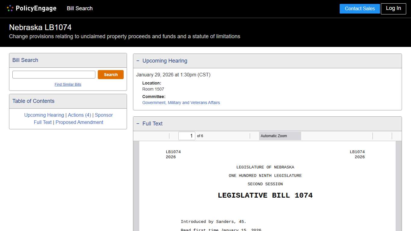 LB1074 | Nebraska 2025-2026 | Change provisions relating to unclaimed property proceeds and funds and a statute of limitations - Legislative Tracking | PolicyEngage