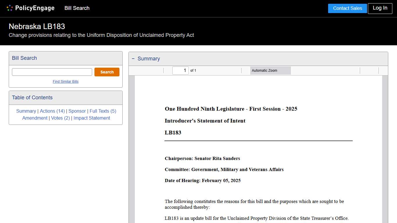 LB183 | Nebraska 2025-2026 | Change provisions relating to the Uniform Disposition of Unclaimed Property Act - Legislative Tracking | PolicyEngage
