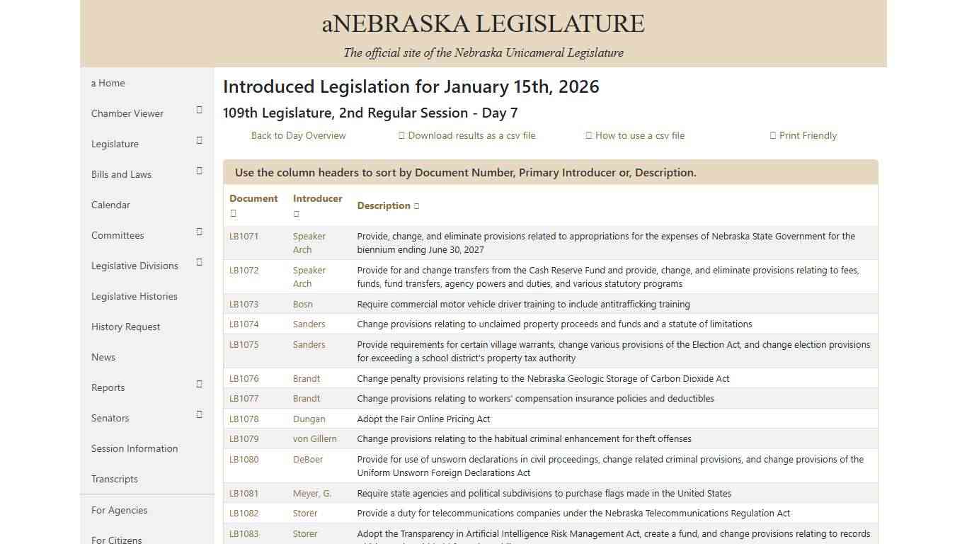 Nebraska Legislature - January 15th, 2026 - 109th Legislature, 2nd Regular Session - Day 7